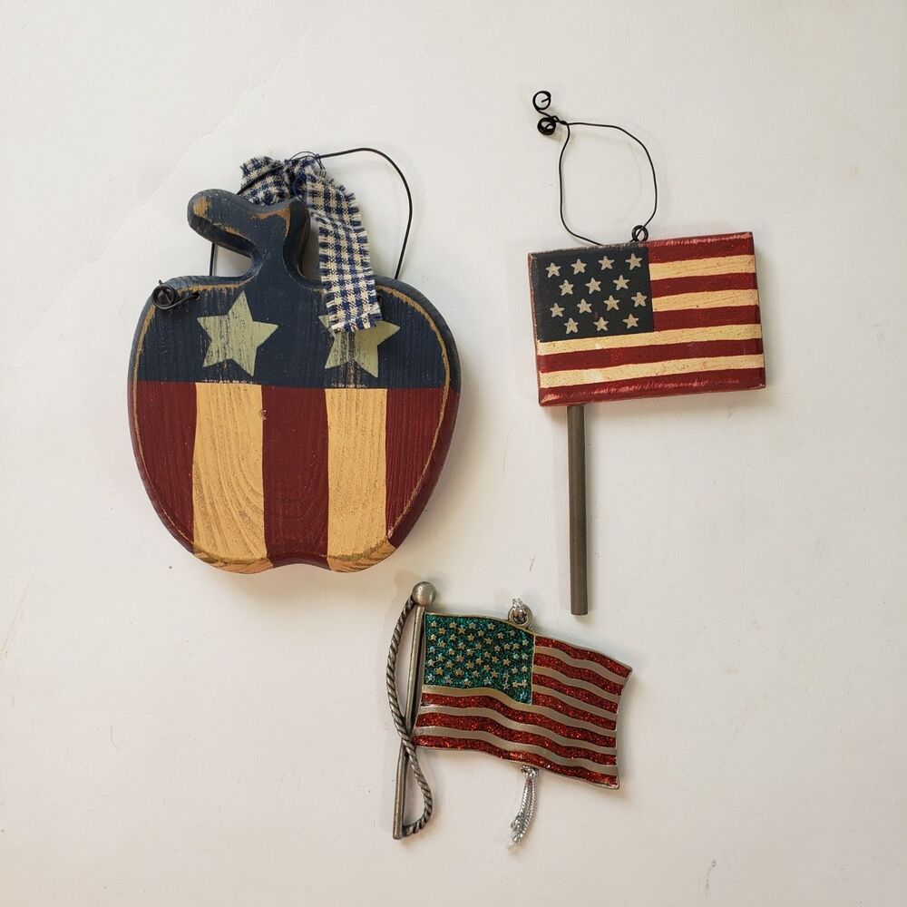 Vtg Patriotic Christmas Ornaments July 4th Gloria Duchin Pewter Wood Flag 250
